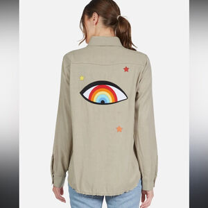 Lauren Moshi Evil Eye Rainbow Sloane Shirt button down casual shirt tan XS
